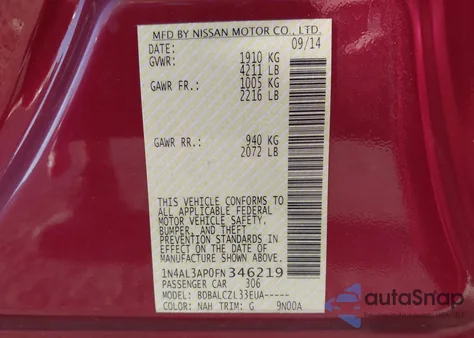 2015 Nissan Altima 2.5/S/Sv/Sl из США, поврежденный, VIN 1N4AL3AP0FN346219